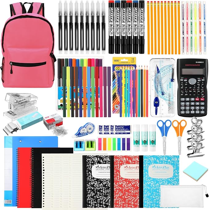 Gilprop 81 Pcs School Supply Kit with Backpack Back to School Supplies Bundle Bulk School Essentials for Elementary Middle High School Students Includes Folders Notebooks Pencils and More(Pink)