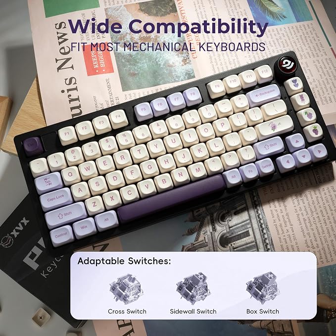 OHY XVX MOA Profile Purple Grape Theme PBT Dye-Sub Keycaps, Custom Keycap Set for Mechanical Keyboards (Compatible with Cherry MX Switches, Purple & White Design)