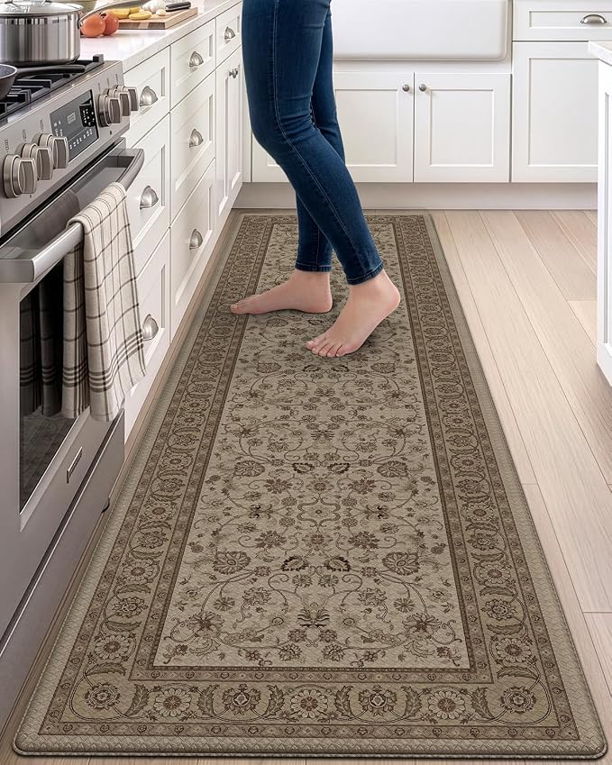 DEXI Kitchen Mats for Floor Cushioned Anti Fatigue, 23x86 Extra Large Wide Runner Rug Non Slip, Waterproof Soft Comfort Standing Rubber Padded, Brown Floral