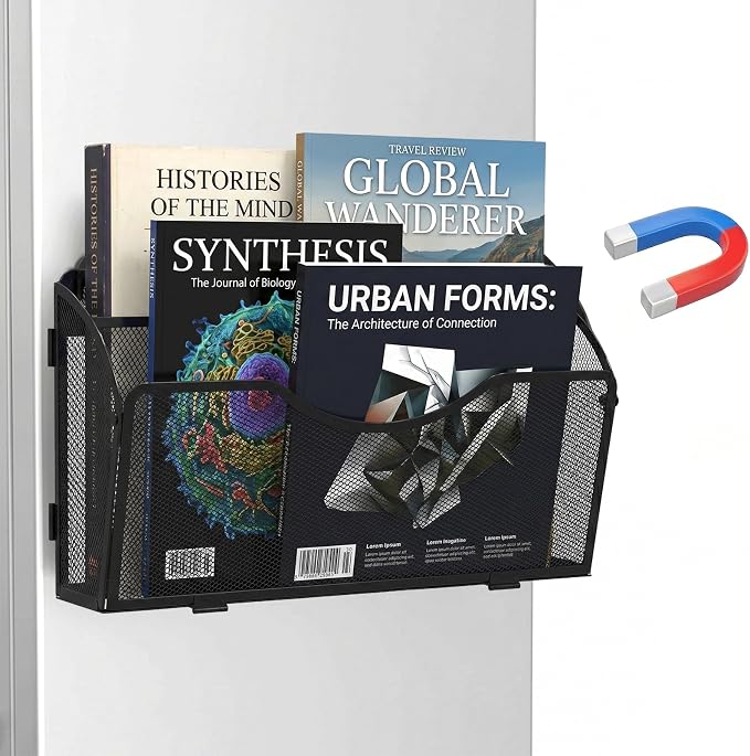 Magnetic File Holder 2 Tier Magnetic File Folder Organizer Folding, Office Hanging Magazine Rack for File Cabinets, Magnetic Paper Holder, No Drilling Mail Organizer for Refrigerator, Office