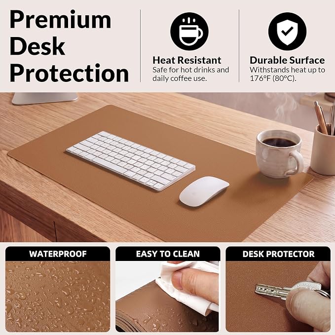 AFIING Leather Desk Mat, Brown, 31.5" x 17", Cork Desk Pad Protector | Dual-Sided Cork & PU Leather Desk Pad, Waterproof, Non-Slip for Mouse, Writing, Office, Home & Study