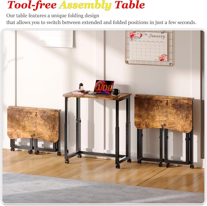 UDD No Tools Assembly Folding Desk, 23.6" Mobile Computer Desks with Wheels, Foldable Writing Fold Table, Portable Collapsible Work Craft Tables for Small Space Home Office Bedroom, Rustic Brown Black