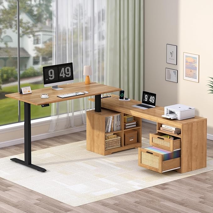 YOMILUVE 66 inch Rattan L Shaped Standing Desk with Storage for Home Office | Corner Electric Standing Desk with Drawers ＆ Storage Shelves, Height Adjustable Computer Desk with Power Outlets, Oak