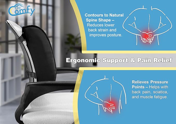 Premium AE Comfy Lumbar Support Pillow – Memory Foam Back Cushion for Office Chair, Car, or Gaming Chair – Ergonomic Lower Back Support for Pain Relief with Adjustable Removable Straps