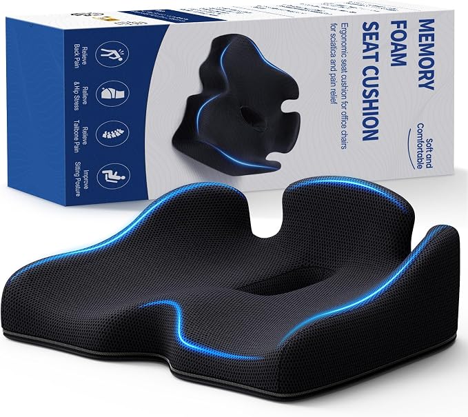 Benazcap Standard Memory Seat Cushion, Sciatica Pain Relief, Black | Ergonomic design, Office Chair, Memory Foam Firm for Car, Wheelchair, Gaming Chair and Desk Chair