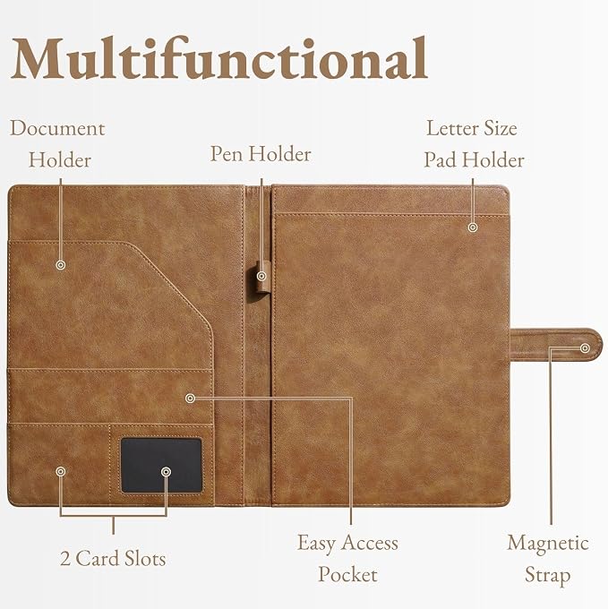 Mymazn Padfolio Portfolio Folder, Faux Leather Interview Resume Folder with Document Organizer & Business Card Holder, Letter-Sized Notepad Legal Pad Holder for Men Women (Light Brown)