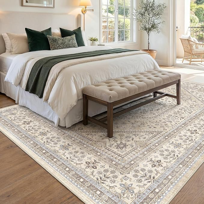 7x10 Washable Vintage Area Rug: Oriental Rugs for Living Room Non Slip Stain Resistant Large Indoor Carpet with Rubber Backing for Bedroom Soft Low Pile Floor Mat for Dining Room Home Office Decor