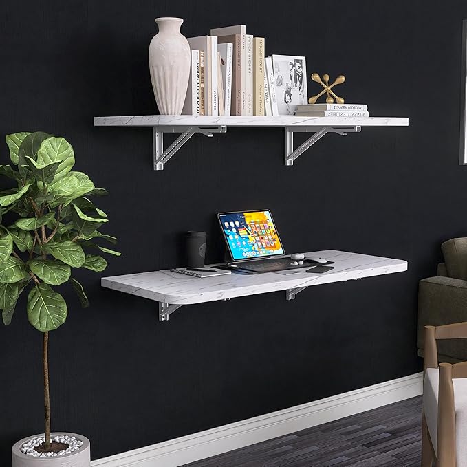 Wall Mounted Folding Table 40"x 16" with Removable Heavy-Duty Brackets Support Up to 200 Pounds Folding Desk for Small Space Home Laundry Room Office Rv Suitable for Solid Wall (White Marble Pattern)