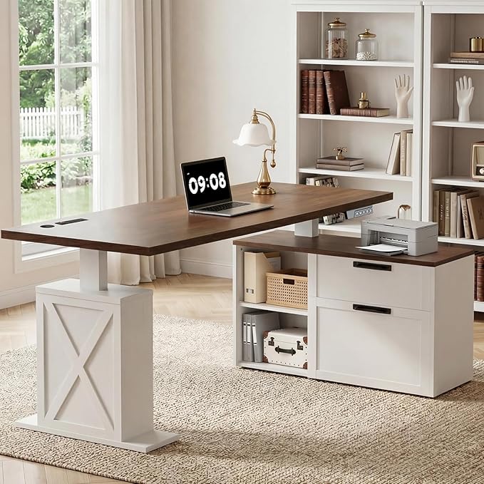 67" L Shaped Standing Desk with Drawers, Electric Height Adjustable Corner Desk, Sit Stand Office Desk with 4 AC Outlets & Type C Port, Executive Computer Desk with Cabinet, Brown & White