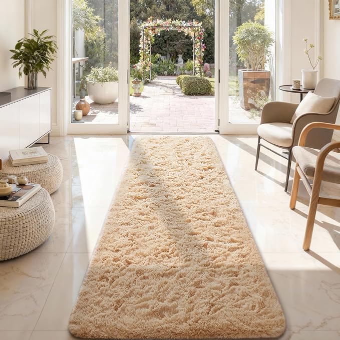 Ophanie 2x8 Runner Rug for Hallway,Upgrade Non-Slip Fluffy Soft Bedside Rugs,Bedroom Living Room Beige Shaggy Carpet for Kids Girls Boys Dorm Nursery Home Decor Aesthetic with Over 99 pcs Pile fibers