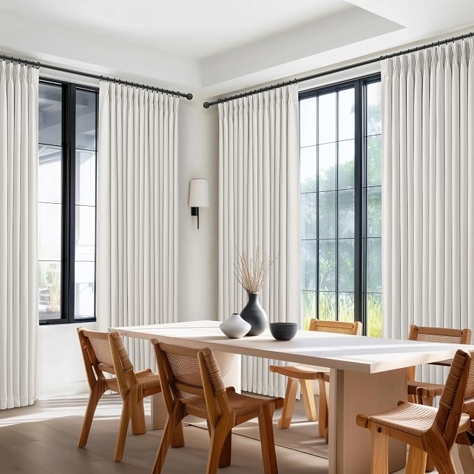 Memory Trained Pinch Pleated Blackout Bedroom Curtains 95 Inches Long 2 Panels Set, Off White Natural Linen 2 Layer Sound Dampening Light Block Privacy 94-96 Inch Window Drapes with Hook 40"W x 95"L