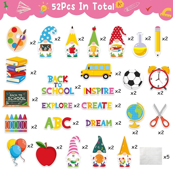 BeYumi 52Pcs Back to School Gnome Bulletin Board Decorations Set Motivational DIY Cardstock Cutouts Colorful Welcome Back to School Supplies for Classroom Chalkboard Kindergarten Nursery Wall Decor