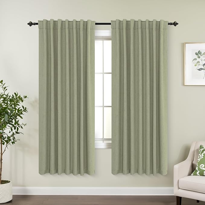 KOUFALL Sage Green Boho Blackout Curtains for Bedroom,French Country Cottage Core 63 Inch Long Black Out Linen Cottagecore Curtains for Living Room 2 Panels Set