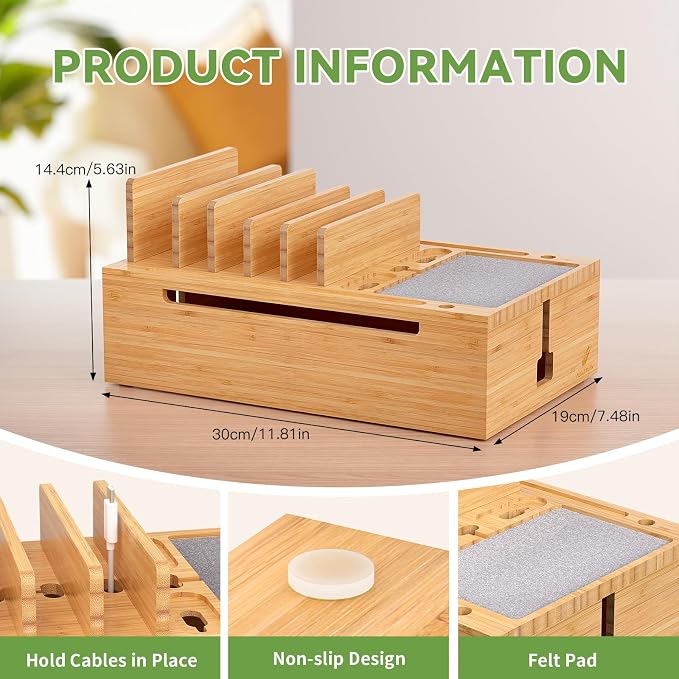 Pezin&Hulin Charging Station for Multiple Devices with 10 Port HUB, 6 Cable | USB Charger Dock Organizer , Cable Management Organizer for Cell Phones, Tablets - Bamboo, Natural Color