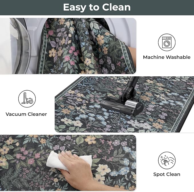 GRANNY SAYS Boho Kitchen Rug Sets of 2, Non Slip Washable Faux Wool Kitchen Mats for Floor, Thick Soft Anti-Fatigue Comfort Standing Mat Runner Rugs for Hallway Laundry Room, Black Flower