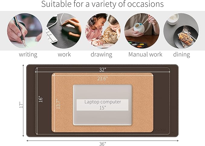 RENMTURE Dual-Sided Mouse Pad, Natural Cork & PU Leather Large Desk Pad for Office and Home Work, Desk Protector Non-Slip, Waterproof, Easy Clean (Dark Coffee, 23.6" x 13.7")