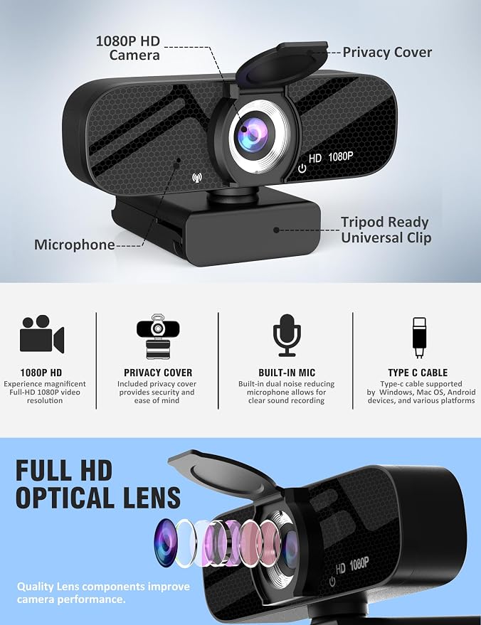 Tewiky Full HD Webcam with Built-in Microphone and Rotatable Tripod, 1080P Video and Wide Angle Camera, Privacy Cover, for Desktop PC or Laptop Computer