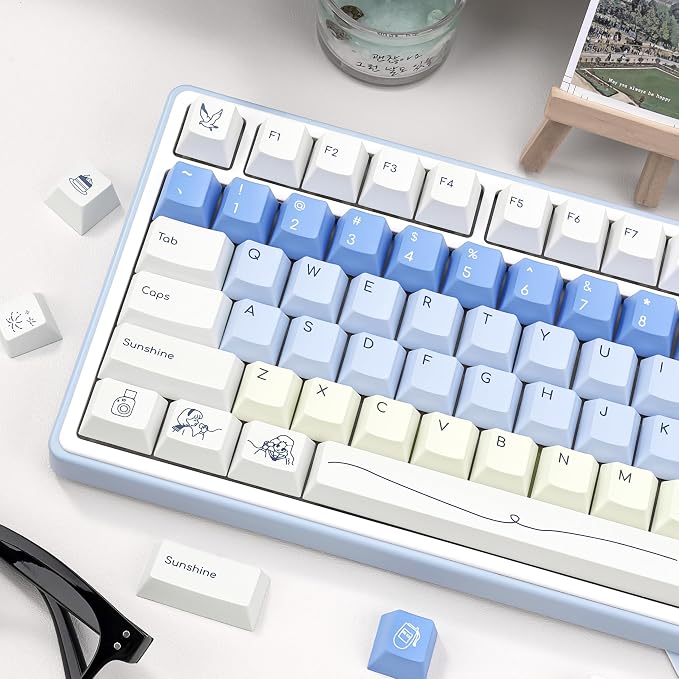 White & Blue PBT Keycaps, Cherry Profile Dye-Sublimation Keycap 130 Keys for 60%/65%/75%/100% Cherry MX Switches Mechanical Keyboard