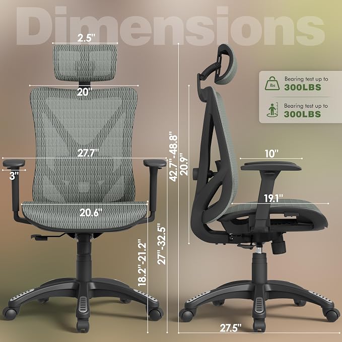 ELABEST T23 Ergonomic Mesh Office Chair, High Back Computer Desk Chair, Breathable AirMesh with Dual-Move Lumbar Support, 3D Armrests & Headrest, Tilt Lock, Big and Tall for Home Office((Eucalyptus)