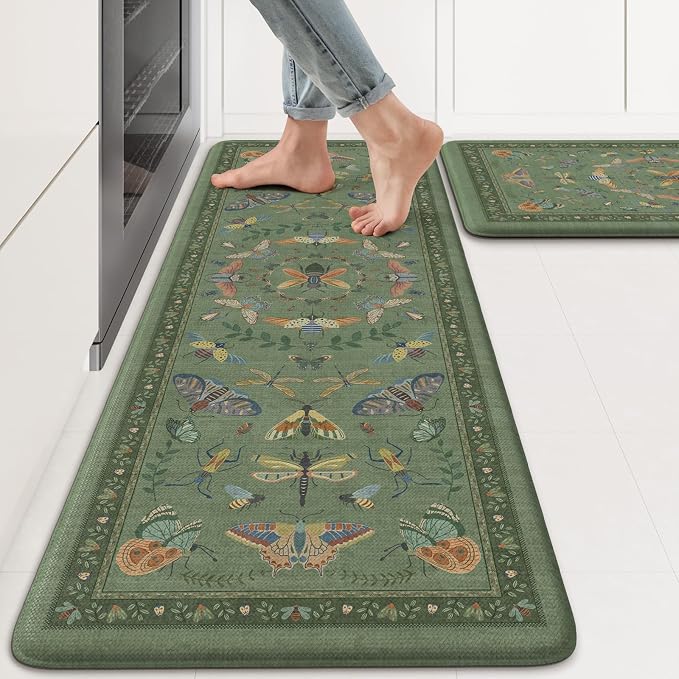 KIMODE Kitchen Mats for Floor Cushioned Anti Fatigue Kitchen Rugs Sets of 2 | 17 x29+17"x47", Sage Green,Vintage Butterfly,Non Slip Waterproof,Memory Foam,Standing Mats,for Laundry Sink Office Home Decor