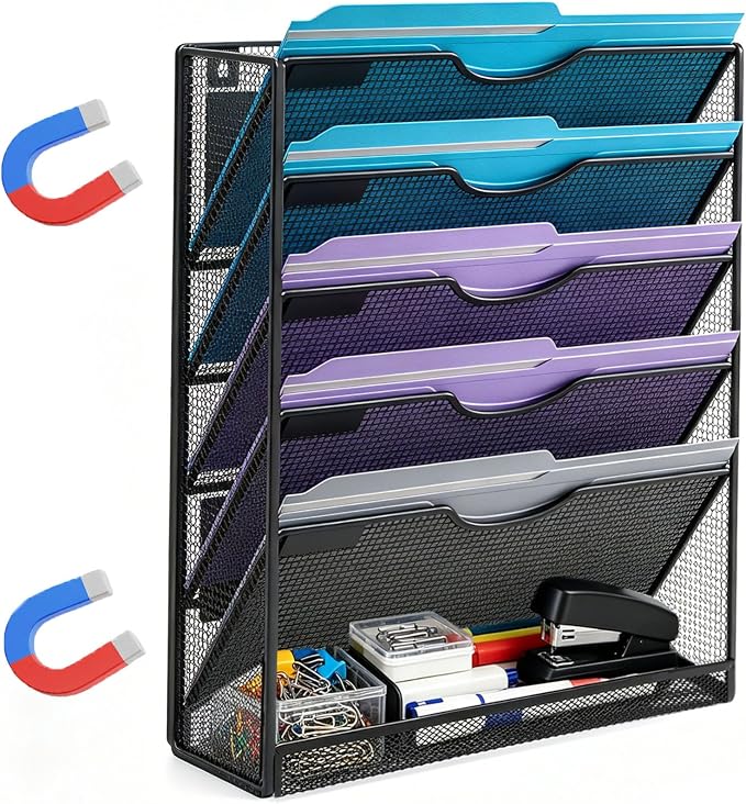 6-Tier Magnetic File Holder Hanging Magnetic File Folder Holder Organizer | Doule-Magnetic, Metal, No Assembly Required Magnetic Mail Paper Organizer for Refrigerator, Whiteboard