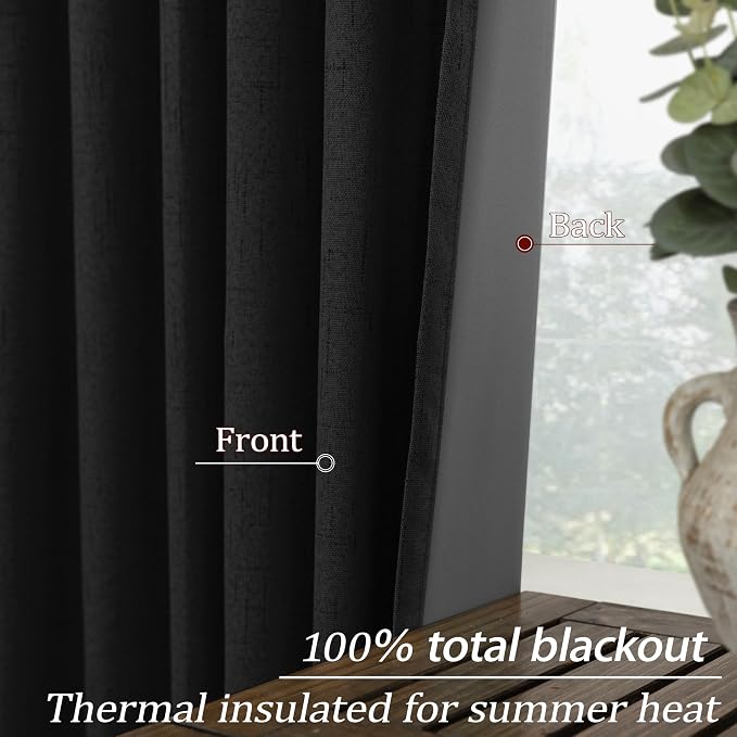 KOUFALL 72 Inch Black Curtains for Bedroom, Linen Thermal Blackout Back Tab Black Out Vintage Gothic Curtains for Living Room Bedroom Livingroom, Wide 52 x 72 in Length, 2 Panels Set