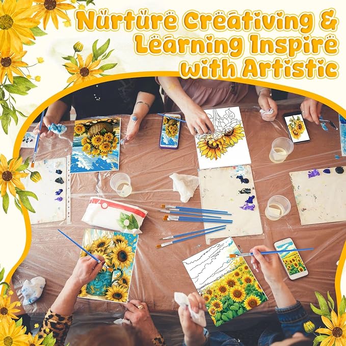 Blosssound 10 Set Pre Printed Canvas Pre Drawn Canvas Painting with Easel Kits 5" x 7" Outline Painting Panels for Beginners, DIY Craft Project, Home Decors(Sunflower)