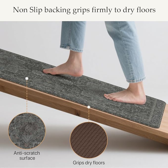 GENIMO Kitchen Mats for Floor 2PCs, Washable Anti Fatigue Mat for Cushioned, 17.3"x47"+17.3"x30", Waterproof Kitchen Rugs, Non Slip Comfort Standing Mat Rug for Home, Sink, Laundry, Dusky Green