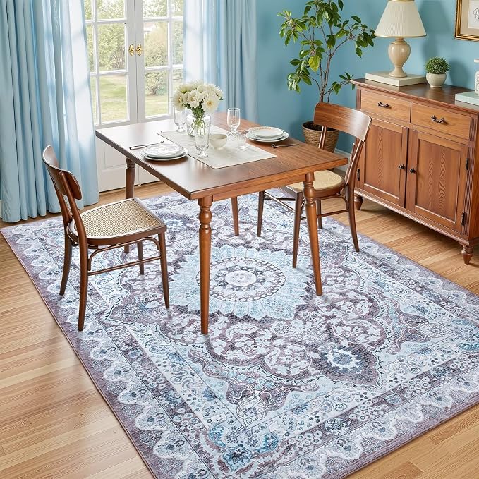 Macgace 5x7 Area Rug for Bedroom, Machine Washable Rugs with Non-Slip Backing for Living Room, Soft Vintage Carpet Kitchen Laundry Kids Room Decor, Blue & Brown