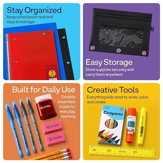 24 Pack Bulk School Supplies for Kids | 22 Piece Back to School Supplies in Each Kit, Premium Quality Kids School Supply for Girls & Boys, Kindergarten, Elementary, K-12 - By Enday