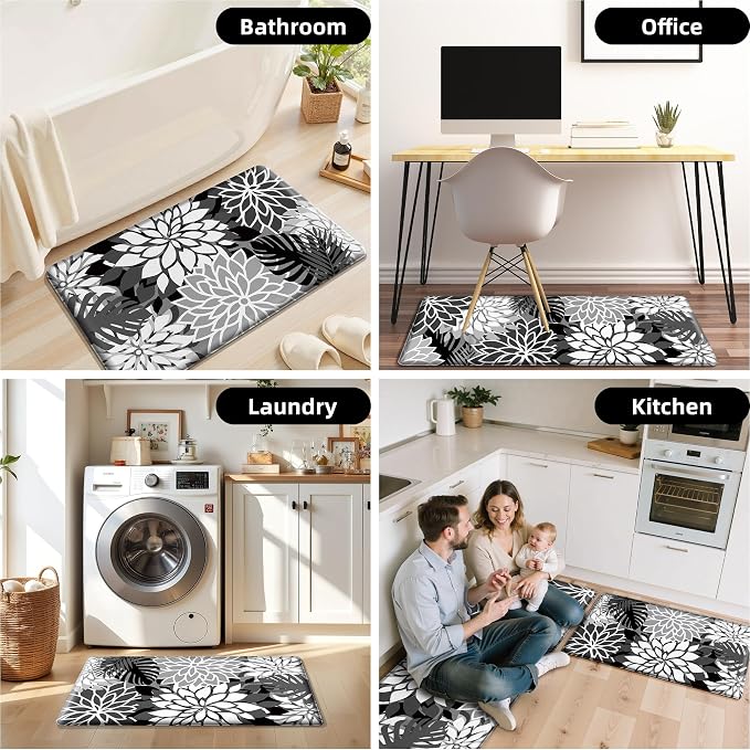 Arenarug Kitchen Mats for Floor 2 Piece Cushioned Anti Fatigue Kitchen Mats Waterproof Non Slip Kitchen Mat Rug Set Comfort Foam Standing Mat for Sink, Laundry, Office, Black White