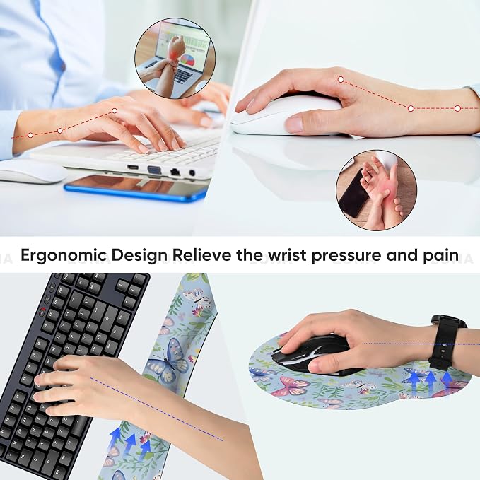 Ergonomic Keyboard Mouse Pad Wrist Rest Support Set for Laptop/Computer/Desktop,Memory Foam Hand Rest Wrist Cushion for Gaming/Office,Lightweight Comfortable & Pain Relief (Butterflies)