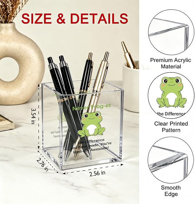 Inspirational Frog Office Acrylic Cosmetic Pen Pencil Holder Cup, Never Frog-et the Difference You Make Pencil Organizer, Cute Desk Accessories, Motivational Gifts for Women Men Teacher（A26）