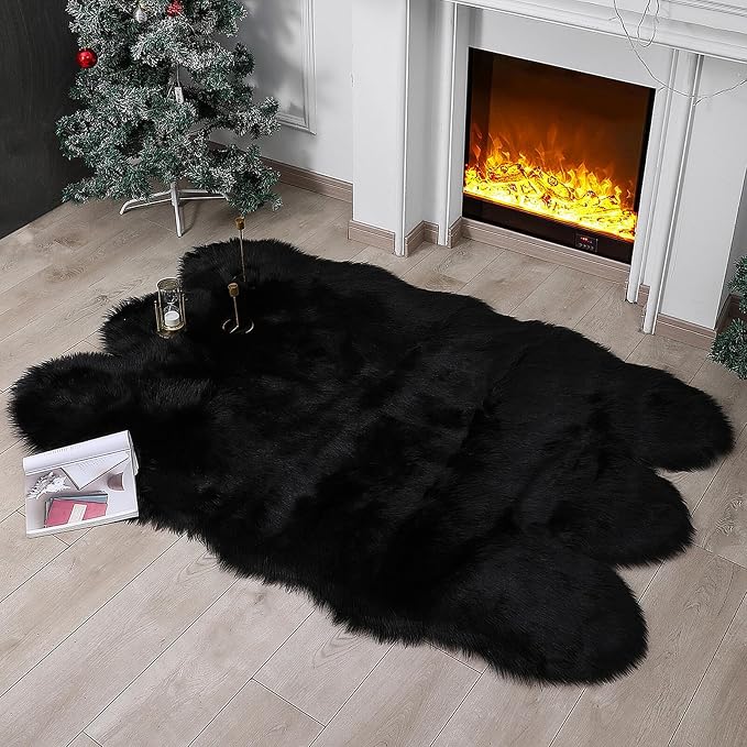 linmopm Faux Fur Sheepskin Rug, Black, 4x6 ft | Shag Fluffy Fuzzy, High-Density Cushion, For Bedroom Bedside Living Room, Plush Carpet, Sofa Cover