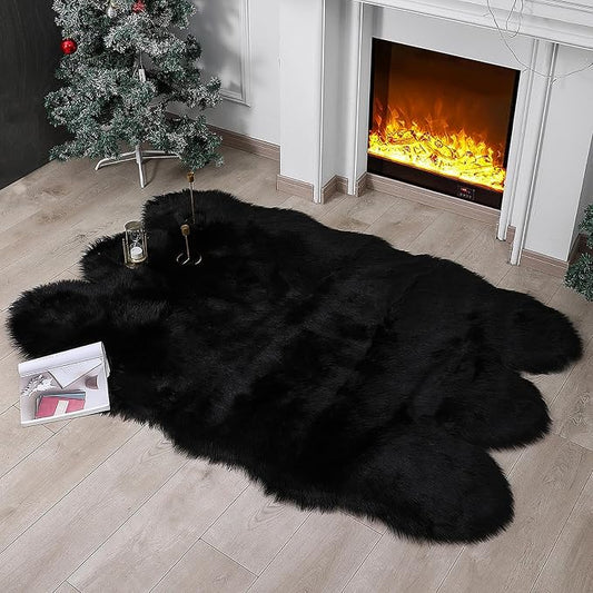 linmopm Faux Fur Sheepskin Rug, Black, 4x6 ft | Shag Fluffy Fuzzy, High-Density Cushion, For Bedroom Bedside Living Room, Plush Carpet, Sofa Cover
