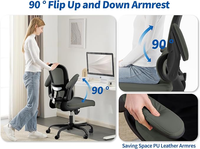 TRALT Ergonomic Office Chair - Desk Chair with Adjustable Lumbar Support Computer Chair - Mesh Comfy Chair with Flip-up Armrests - Gaming Chairs for Adults Home Office (PU Leather, Dark Green)