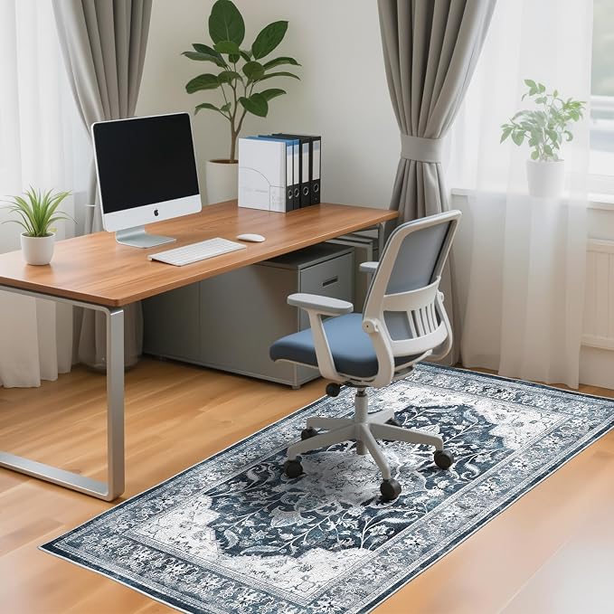 Office Chair Mat for Hardwood Tile Floor, 48"x60"Anti-Slip Under Desk Carpet Protector for Rolling Computer Chair Mat, Machine Washable Office Area Carpet (Chenille,Blue)