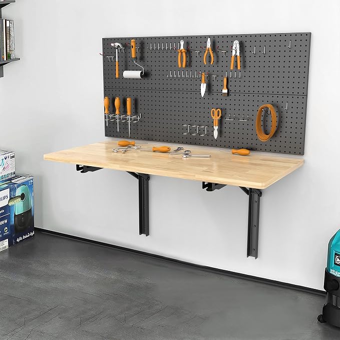 Ultrawall Wall Mounted Folding Workbench, Heavy Duty Foldable Work Table, Collapsible Desk for Workshop, Garage, Office, Home, Holds Up to 550LBS, 32”X18”