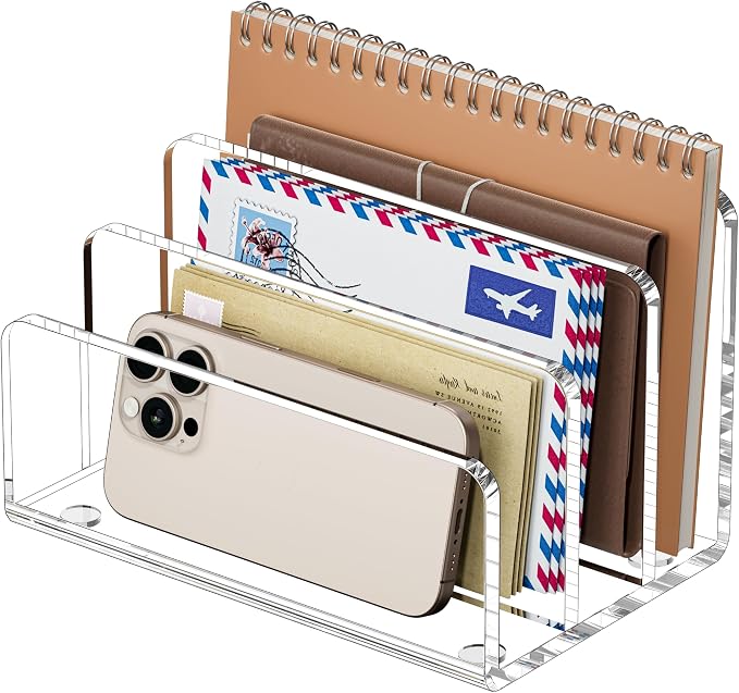 FUCDTEFC Desk Mail Organizer, 3 Section Clear Acrylic File Holder Letter Organizer, Vertical Lightweight Modern Envelope Holder Desk Accessories & Workspace Organizers for Office, Home, School | Vertical, Envelope, Lightweight, Countertop, Bill Holding...