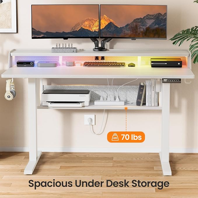 ErGear Electric Standing Desk, 55x28 Inch Adjustable Sit Stand Desk with Bookshelf & Monitor Stand, Standing Gaming Desk with LED Light Strip, Stand Up Desk for Home Office, White | Raised Monitor Stand, 27.9–46.9 Inch Height Range, 4 Memory Presets, 1...