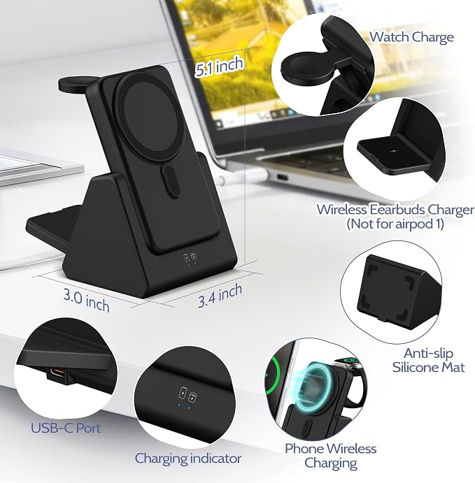 Smtcsl 3-in-1 Wireless Charging Station: Portable 10000mAh Power Bank Charger Compatible for Phone Air/17/16/15/14/13/12 Series and Watch - Detachable Magnetic Charging Stand Black
