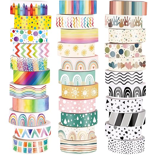 TaoBary 33 Rolls Washi Tape Set, 15 mm Holiday Washi Tape Set Seasonal Plaid Bohemian Colorful Vintage Cute for Card Wrapping Craft(Rainbow Style)