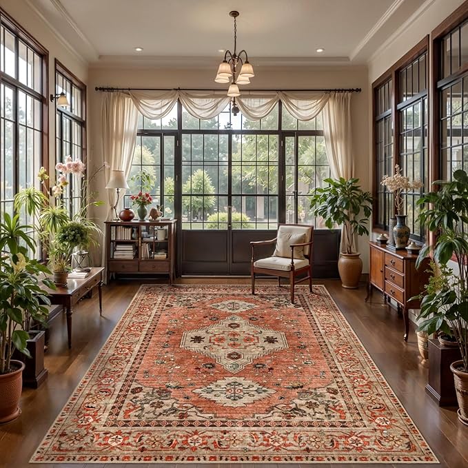 Tangsoo Boho 10x12 Area Rug for Living Room, Washable Vintage Rug Indoor Non Slip Large Area Rugs, Print Oriental Carpet Soft Low Pile Foldable Floor Room Rug for Bedroom Dining Room Terracotta