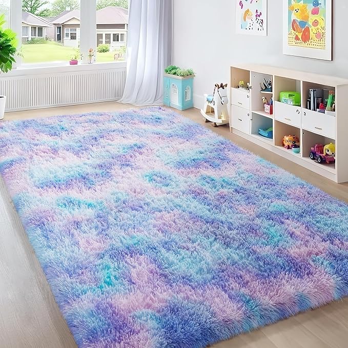 Ophanie Rainbow Purple Mermaid Rugs for Living Room 6x9,Kids Fluffy Shag Fuzzy Plush Soft Carpets,Floor Shaggy Area Rugs for Bedroom,Carpet for Kids Girls Dorm Decor with Over 99 pcs Pile fibers