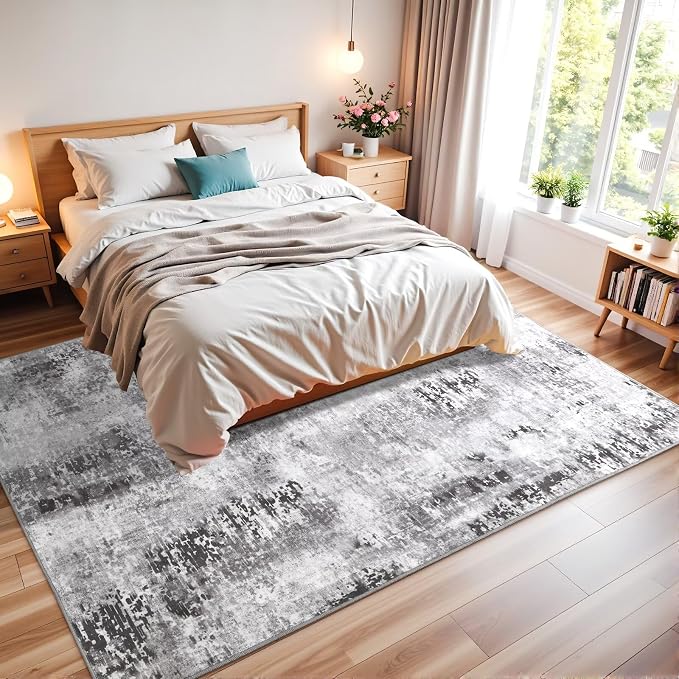 Macgace Washable Abstract Rug, 8x10 Modern Area Rugs with Non-Slip Rubber Backed for Living Room, Thin but Soft Contemporary Carpet Kitchen Bedroom Dining Room Decor, Dark Grey