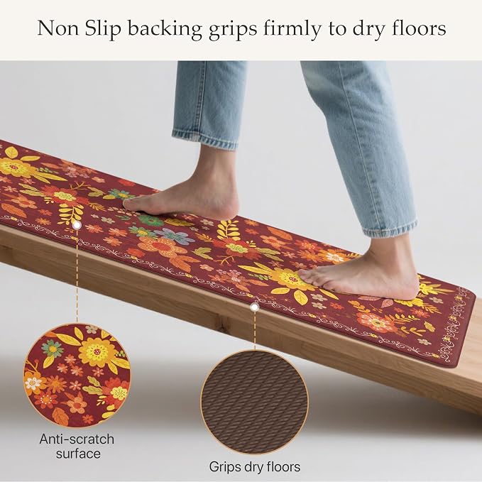 GENIMO Anti Fatigue Kitchen Mats for Floor 2PCS, Cushioned Standing Mats | 17.3"x47"&17.3"x30", Red vintage floral rug set, waterproof, non slip, easy-clean for farmhouse
