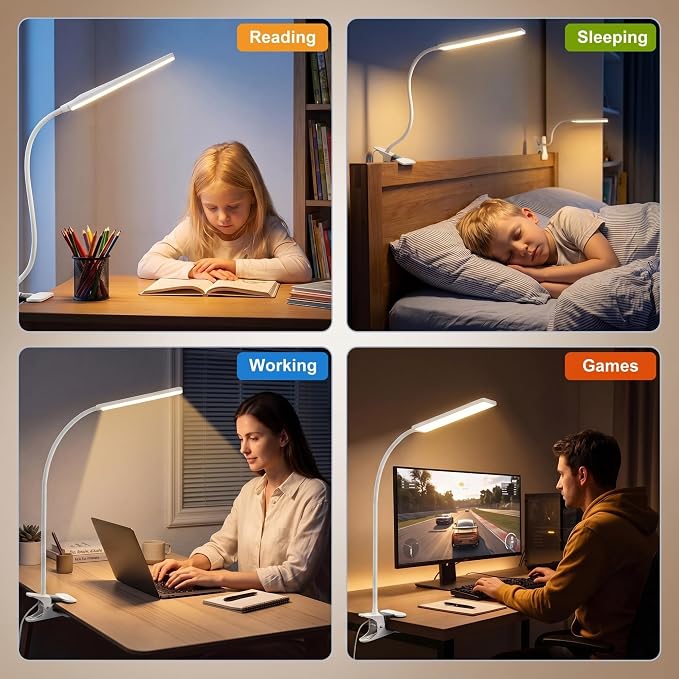 Vansuny Clip on Light LED Desk Lamp with Metal Clip, 6 Level Brightness 3 Color Modes, Power by USB Port 5W Adjustable Neck Eye-Caring Reading Light for Home and Office, White