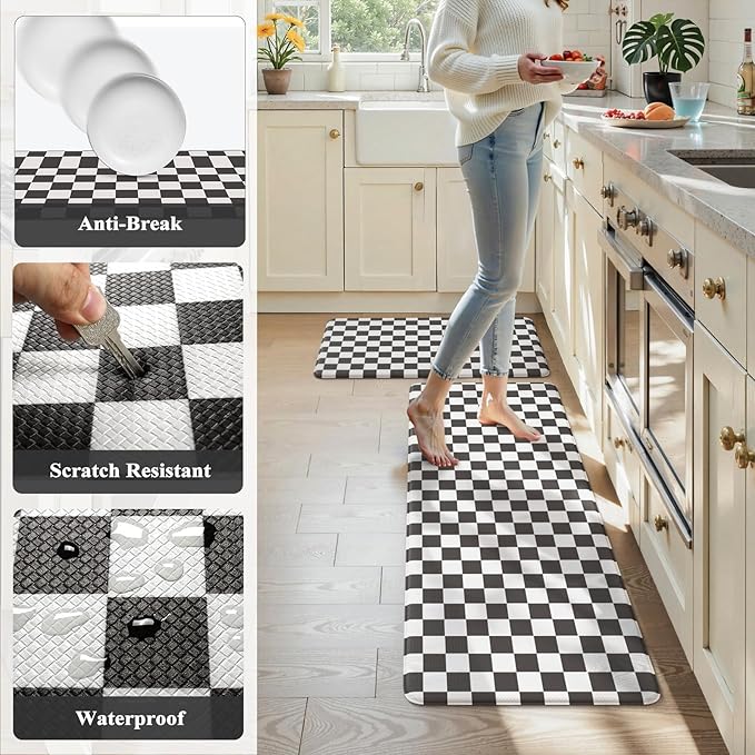 KIMODE Anti Fatigue Kitchen Mat for Floor, Checkered Kitchen Rugs Sets of 2 | Black and White Kitchen Floor Mats Non-Slip, Cushioned Standing Desk mat for Sink Laundry Office Dormitory RV 17"x47"+17"x29"