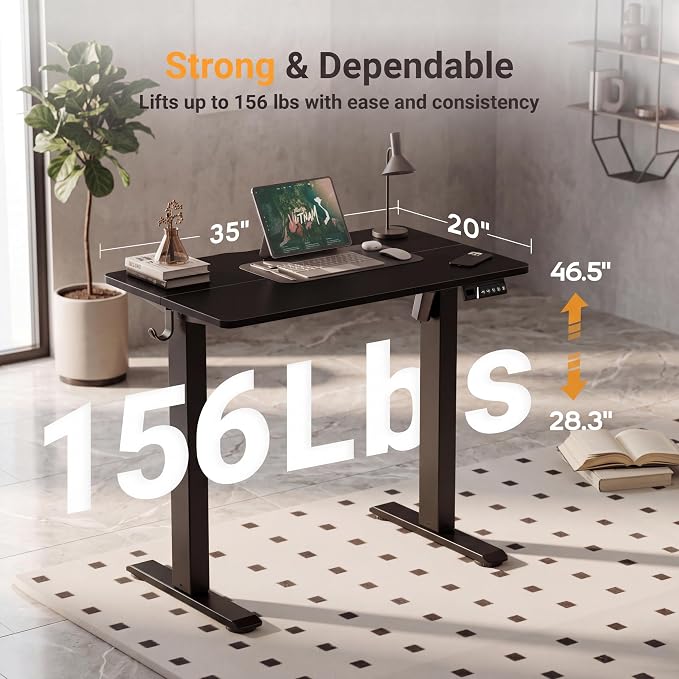 Claiks 35 x 20 Inch Black Electric Standing Desk | Adjustable Height, Sit Stand, 3 Memory Presets, Cable Management, Space-Saving, Home Office & Bedroom