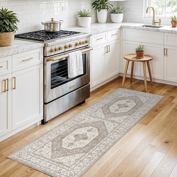 2x6 Washable Hallway Runner Rug:Oriental Indoor Kitchen Rugs Vintage Door Mat Non Slip with Rubber Backing Low Pile Thin Carpet for Bedroom Bathroom Living Room Bedside (2x6 Brown/Beige)